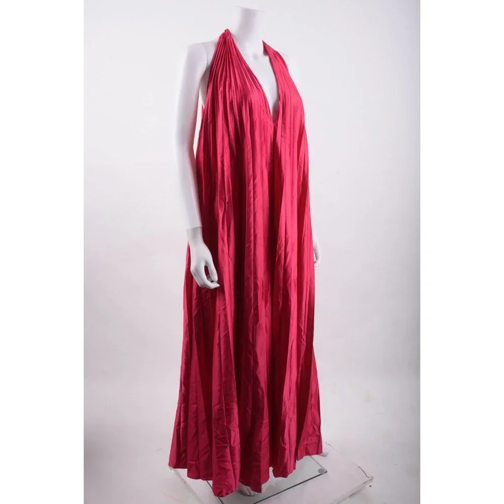 Massimo Dutti Studio Women Halter Maxi Dress S Pleated Pink Fuchsia 9012/952 NWT_3